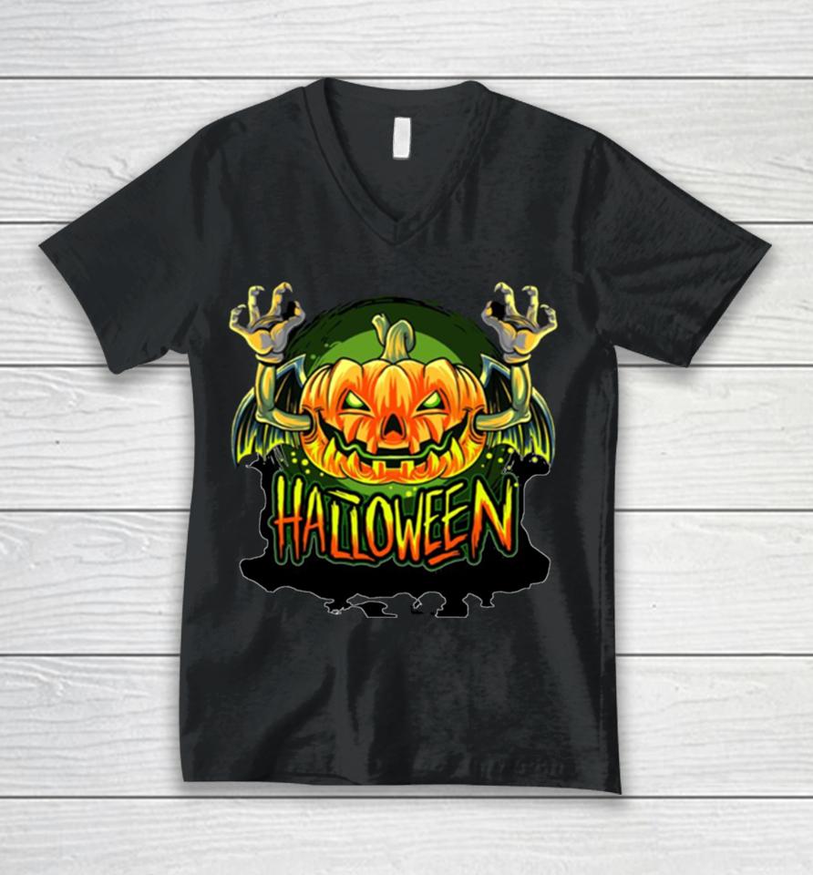 Scary Pumpkin Head Halloween Unisex V-Neck T-Shirt