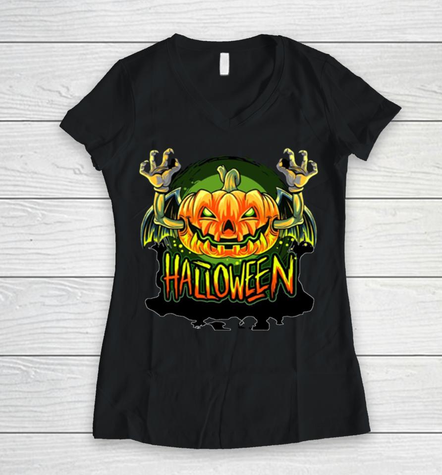 Scary Pumpkin Head Halloween Women V-Neck T-Shirt