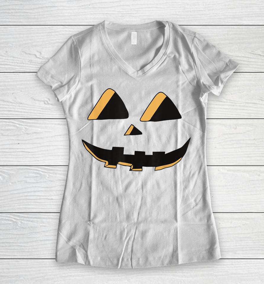 Scary Spooky Jack O Lantern Face Pumpkin Halloween Women V-Neck T-Shirt