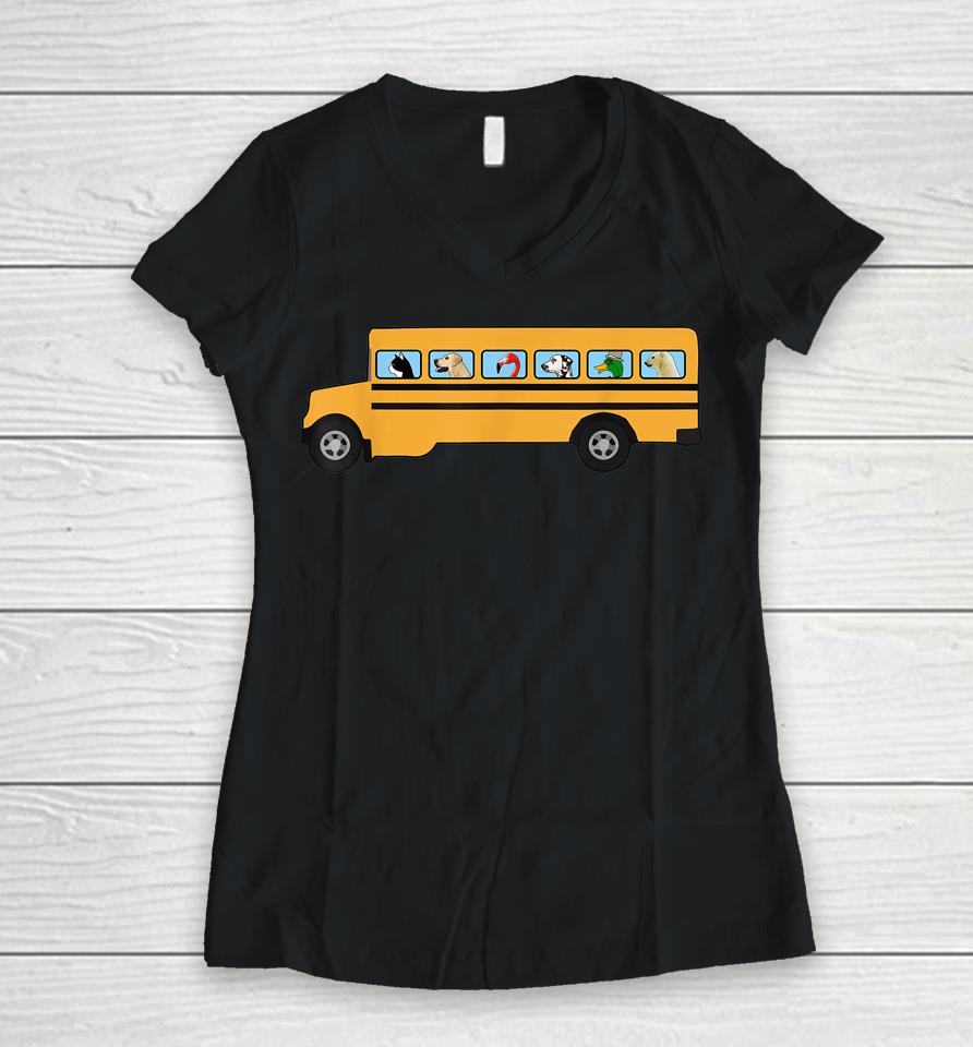 School Bus With Cat - Dog And Other Funny Animals Women V-Neck T-Shirt