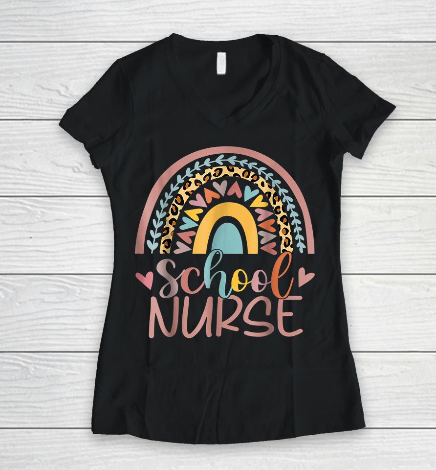 School Nurse Boho Rainbow Leopard Nurse Week Women V-Neck T-Shirt