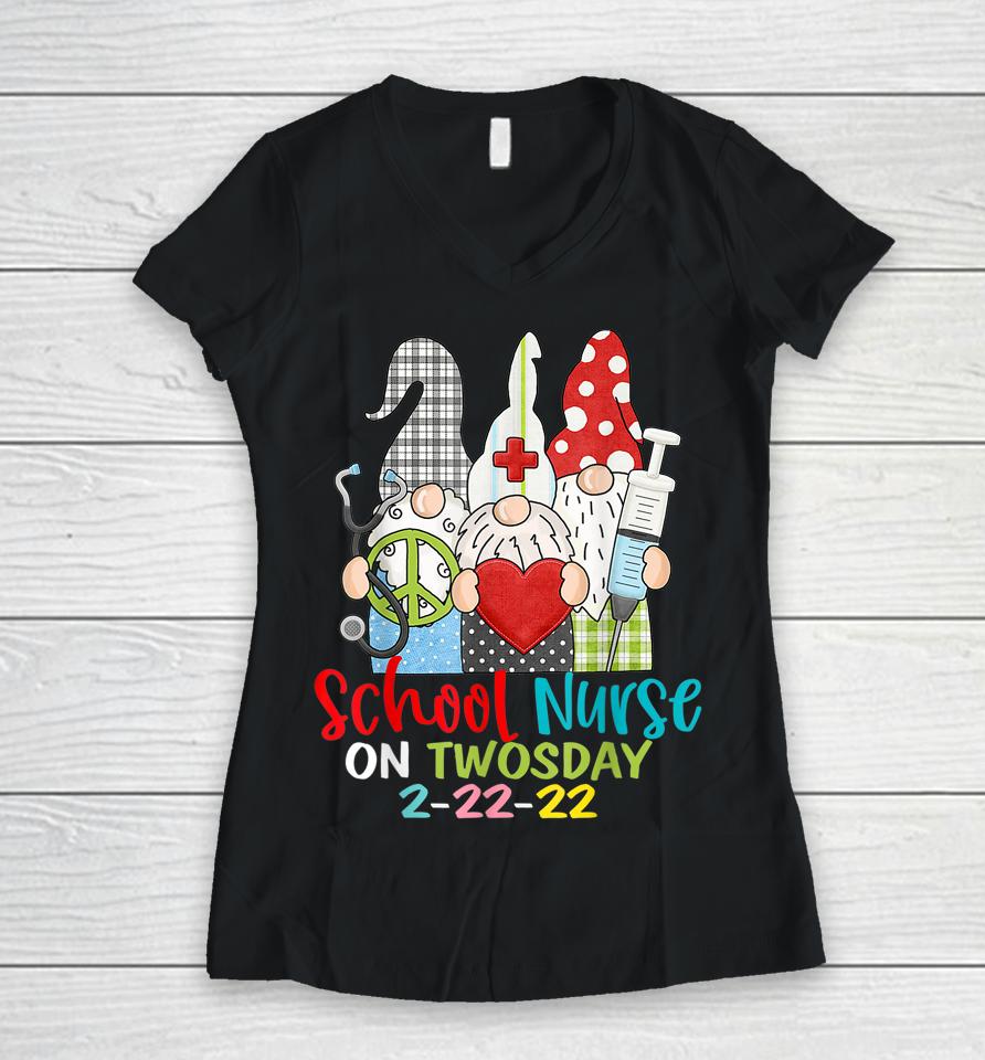 School Nurse On Twosday 2-22-22 February School Nurse Gifts Women V-Neck T-Shirt