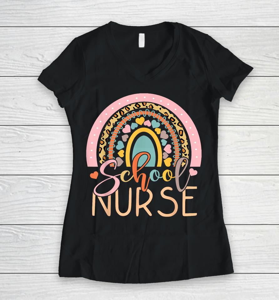 School Nurse Rainbow Leopard Nurse Back To School Women V-Neck T-Shirt