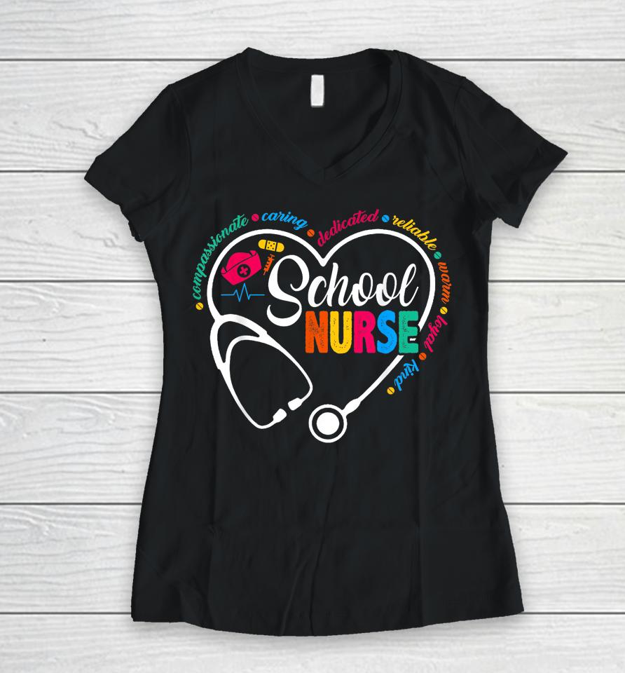 School Nurse Shirt Vintage Love Heart Nurse Life Women V-Neck T-Shirt
