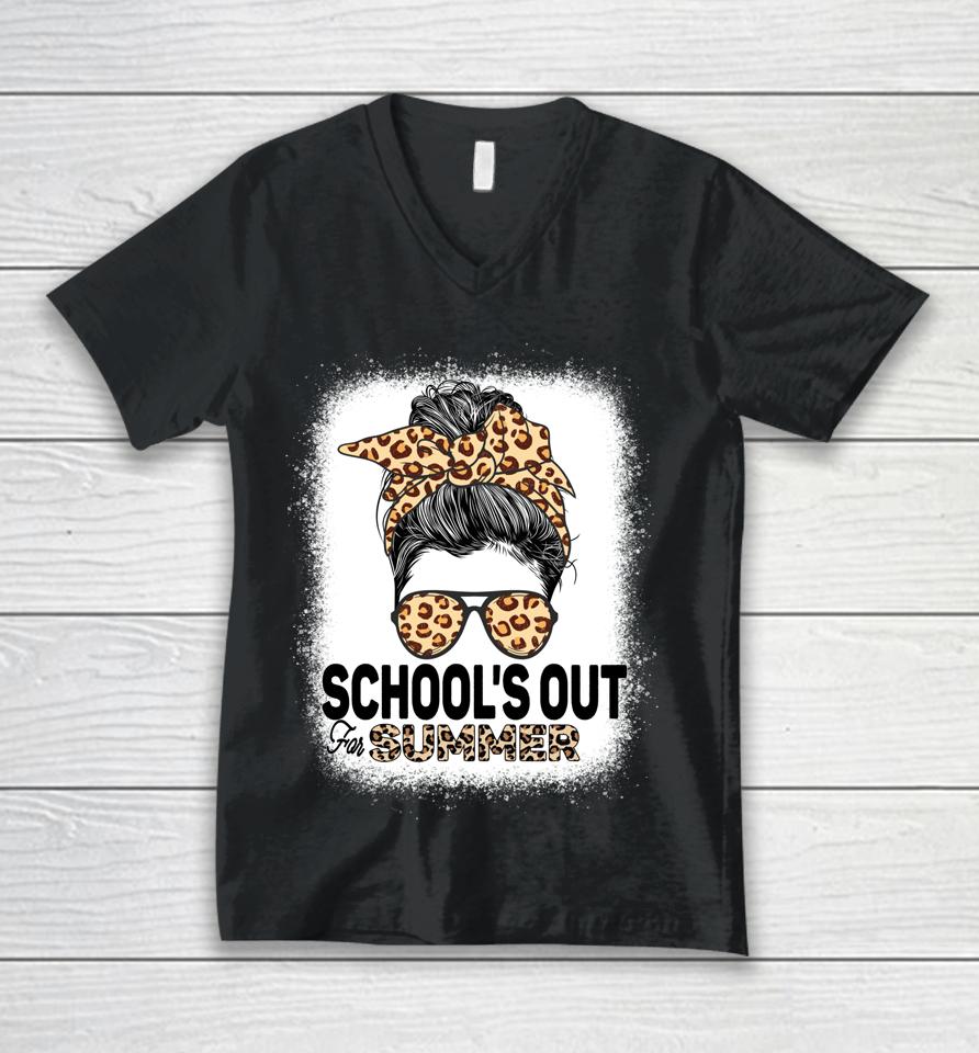 Schools Out For Summer Teacher Leopard Messy Bun Bleached Unisex V-Neck T-Shirt