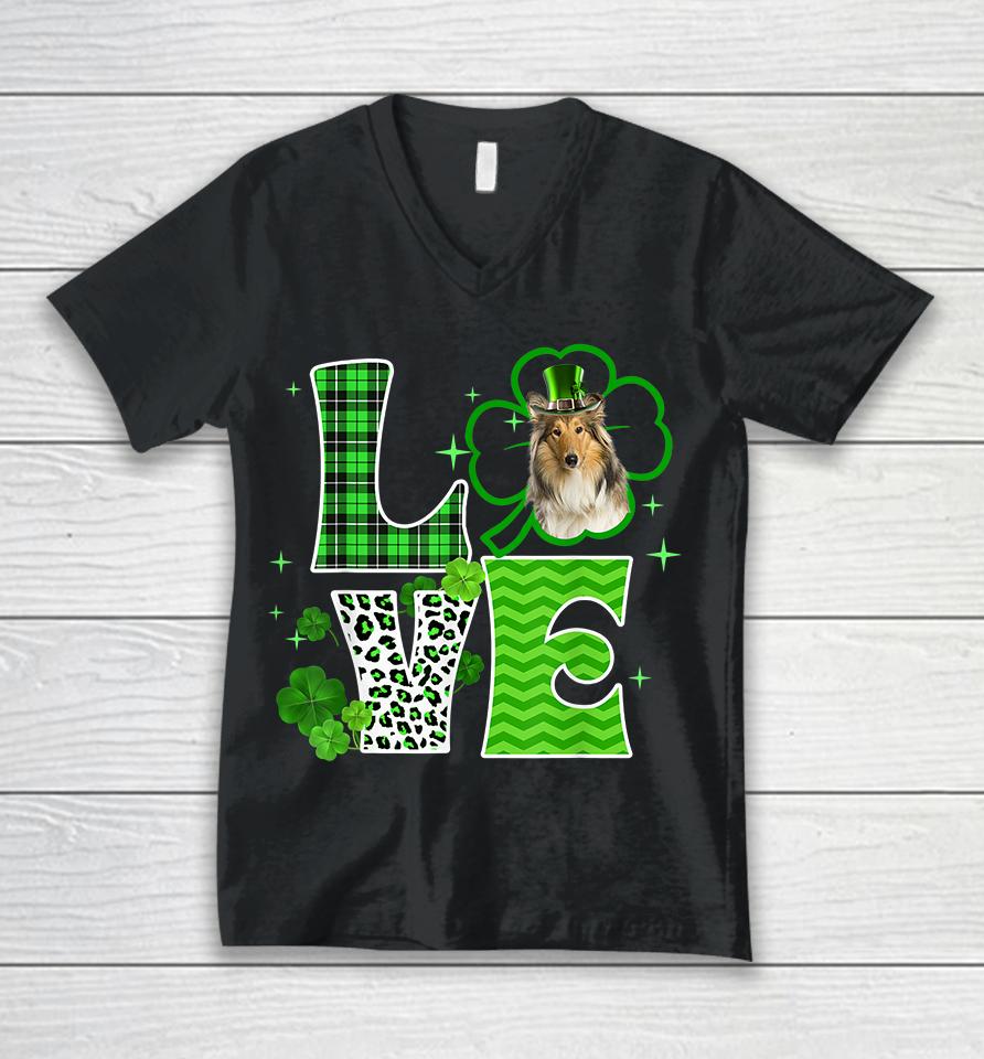 Scotch Collie Shamrock Lucky Clover Irish St Patricks Day Unisex V-Neck T-Shirt