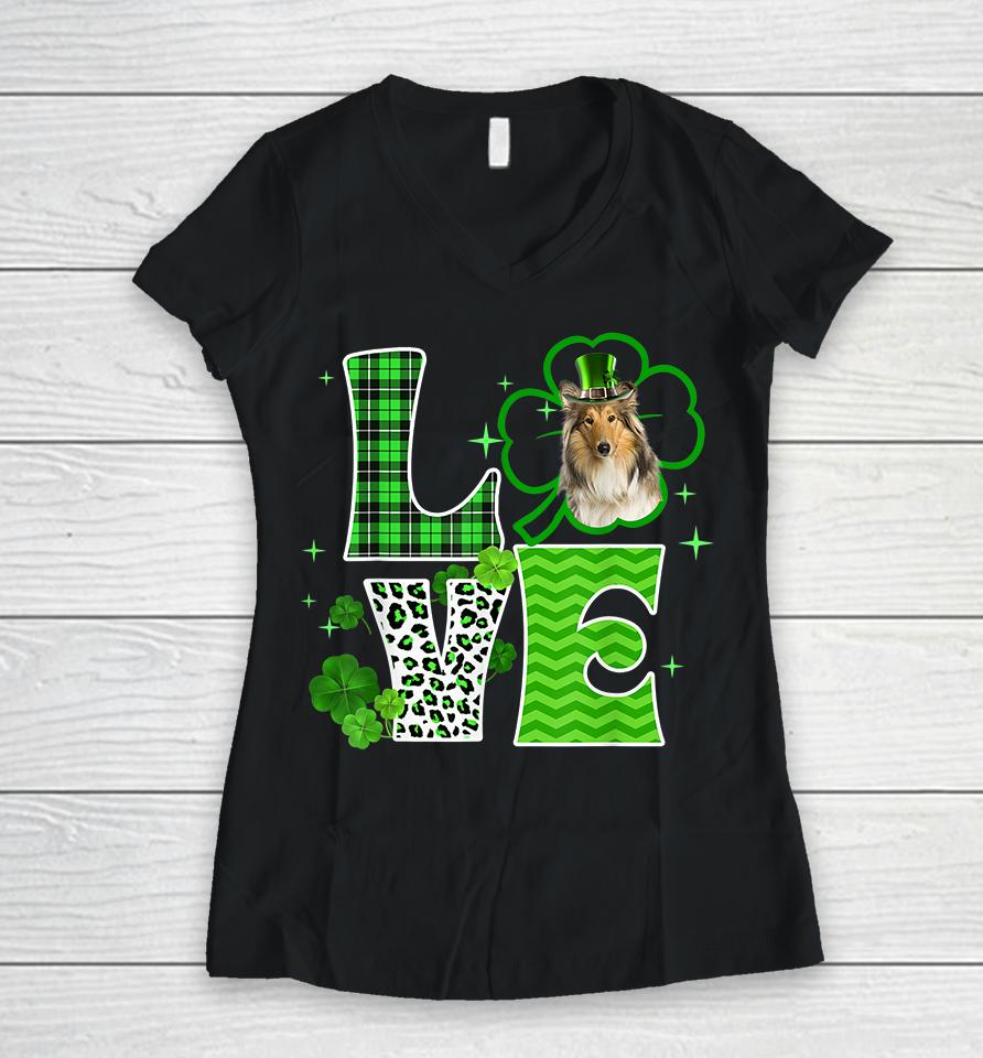 Scotch Collie Shamrock Lucky Clover Irish St Patricks Day Women V-Neck T-Shirt