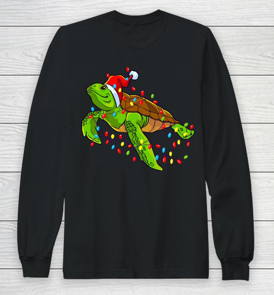 Sea Turtle Christmas Lights Funny Santa Hat Merry Christmas Long Sleeve T-Shirt