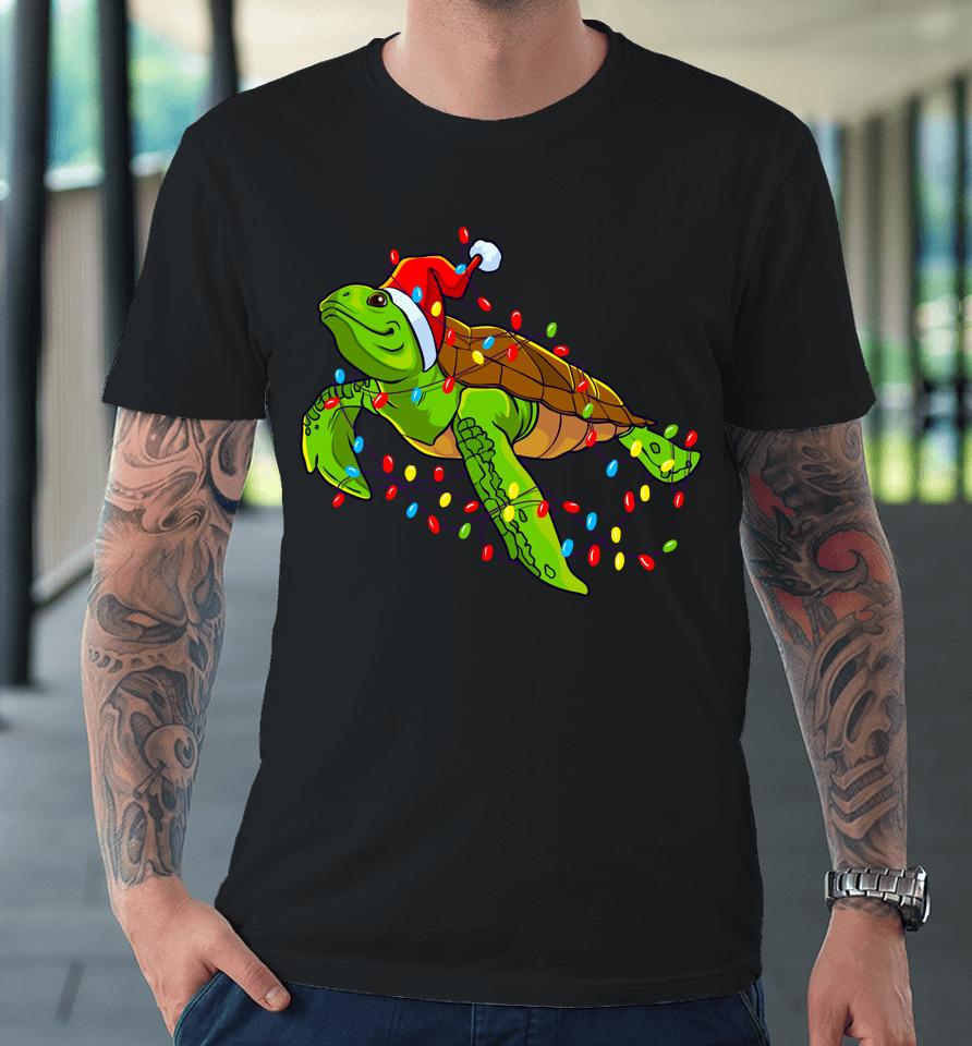 Sea Turtle Christmas Lights Funny Santa Hat Merry Christmas Premium T-Shirt