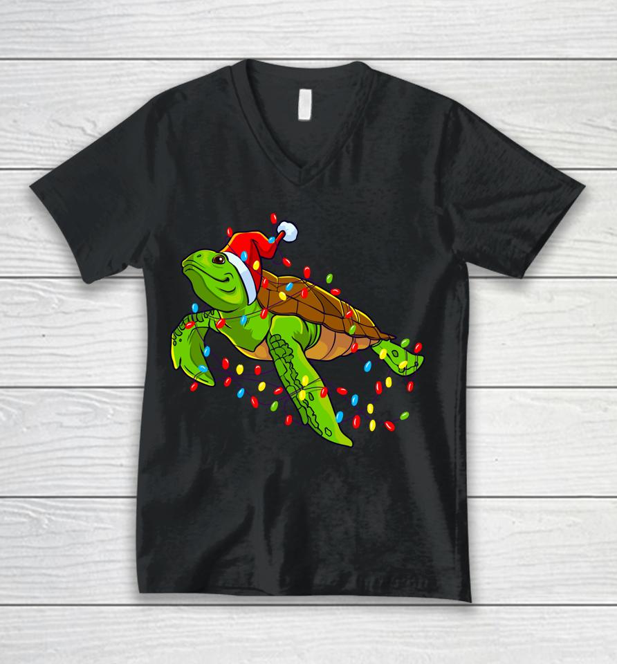 Sea Turtle Christmas Lights Funny Santa Hat Merry Christmas Unisex V-Neck T-Shirt