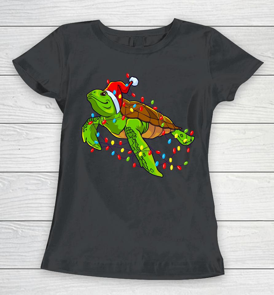 Sea Turtle Christmas Lights Funny Santa Hat Merry Christmas Women T-Shirt