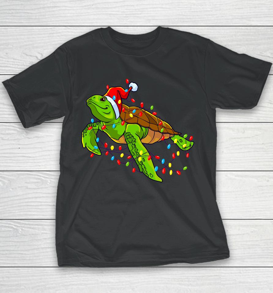 Sea Turtle Christmas Lights Funny Santa Hat Merry Christmas Youth T-Shirt