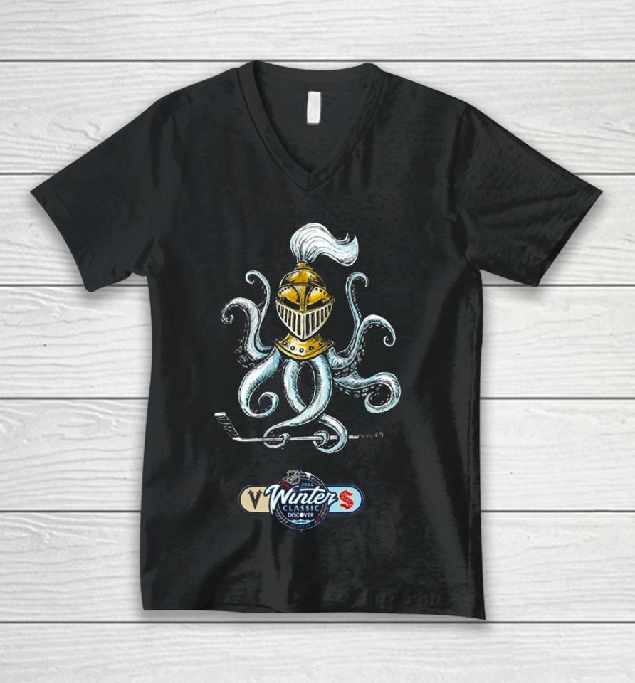 Seattle Kraken Vs. Vegas Golden Knights 2024 Nhl Winter Logo Unisex V-Neck T-Shirt