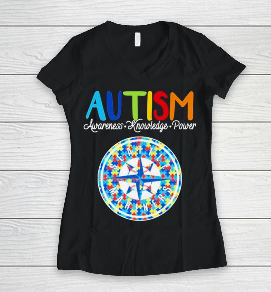 Seattle Mariners Autism Awareness Knowledge Power Women V-Neck T-Shirt