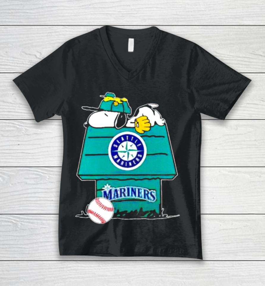 Seattle Mariners Snoopy And Woodstock The Peanuts Baseball Unisex V-Neck T-Shirt