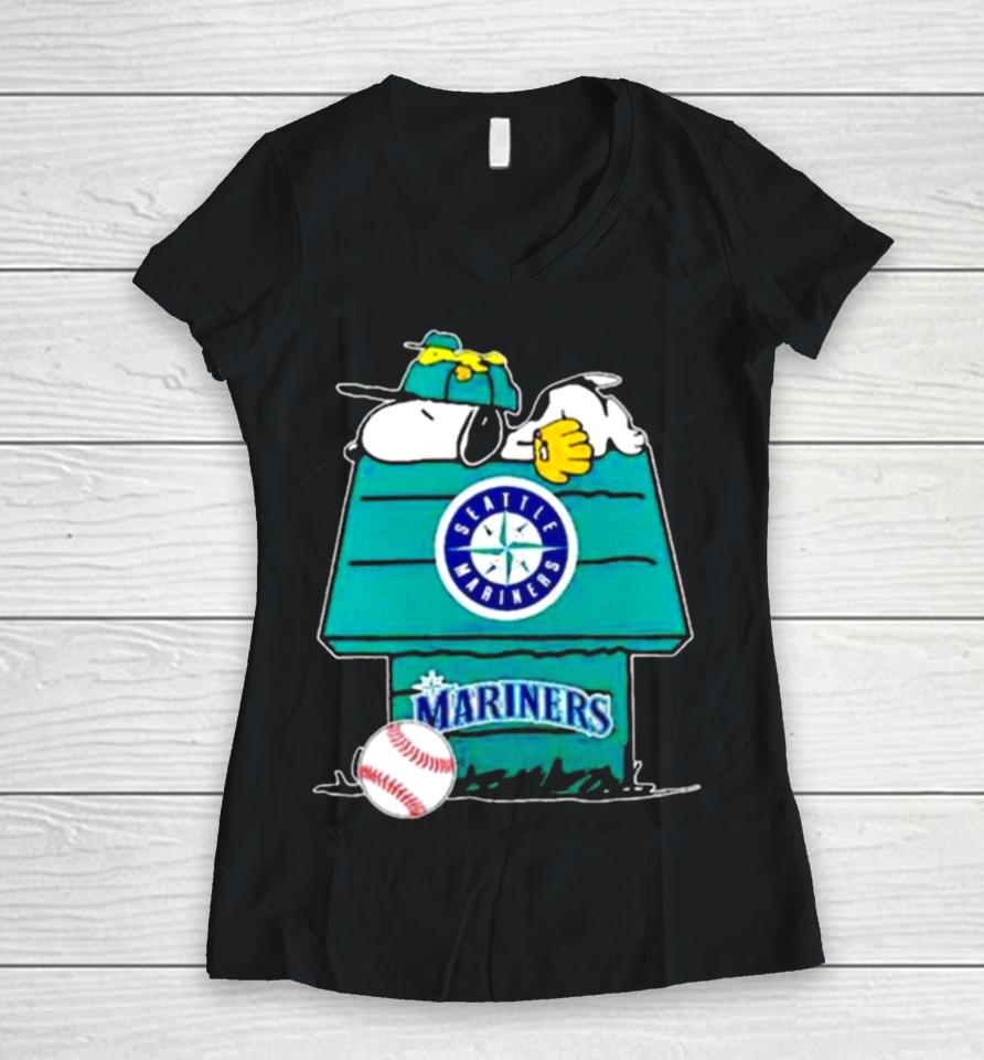 Seattle Mariners Snoopy And Woodstock The Peanuts Baseball Women V-Neck T-Shirt