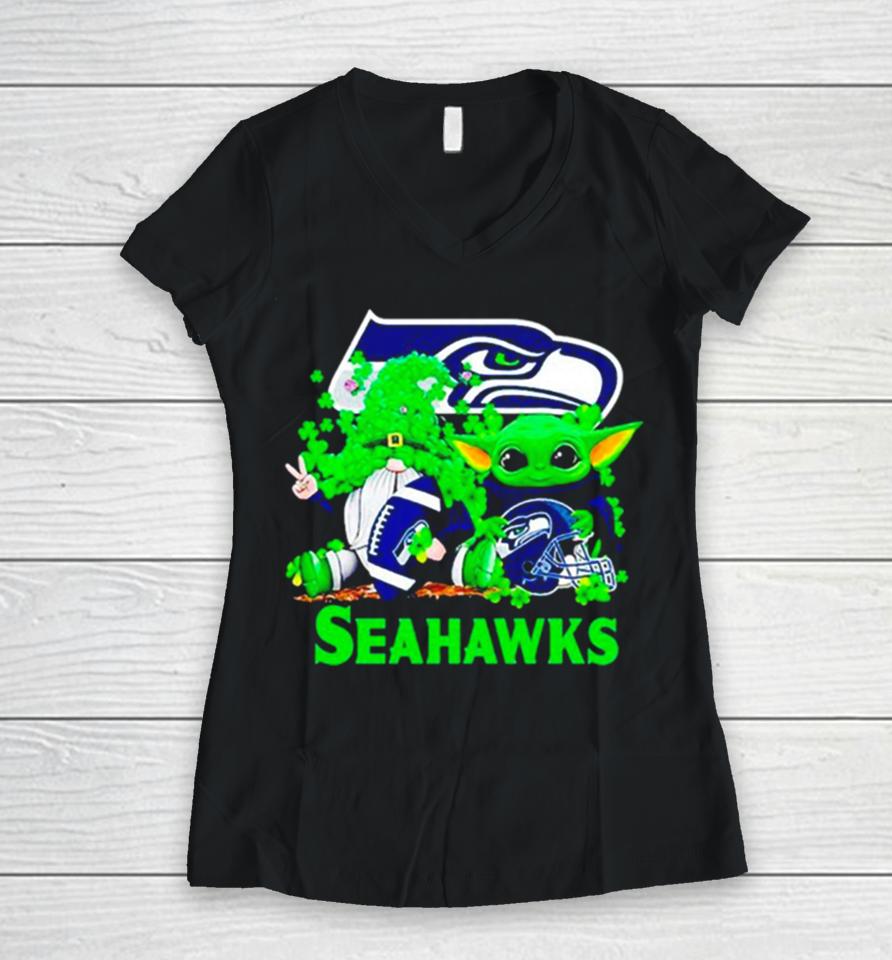 Seattle Seahawks Baby Yoda Happy St.patrick’s Day Shamrock Women V-Neck T-Shirt