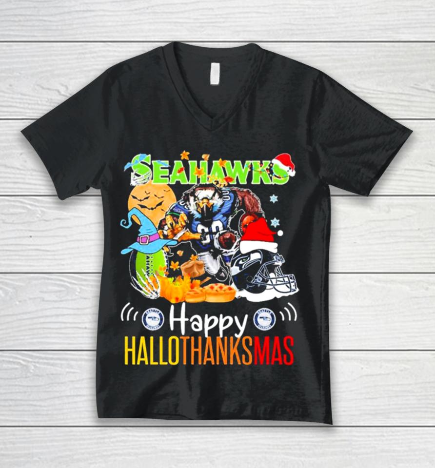 Seattle Seahawks Happy Hallothanksmas 2023 Unisex V-Neck T-Shirt