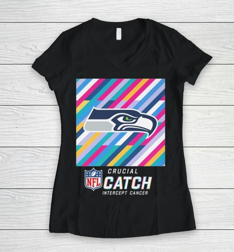 Seattle Seahawks Nfl Crucial Catch Intercept Cancer Women V-Neck T-Shirt