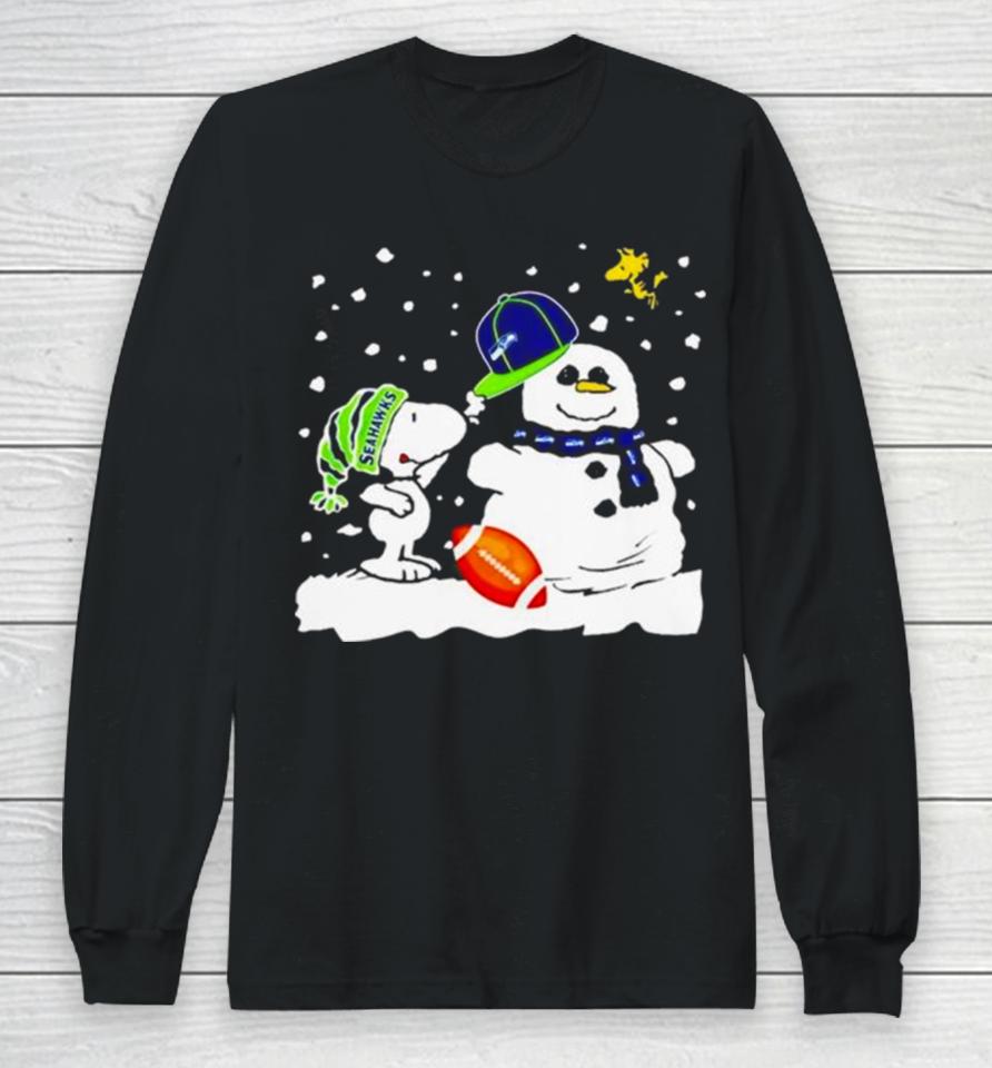 Seattle Seahawks Snoopy Wearing Hat For Snowman Christmas Long Sleeve T-Shirt