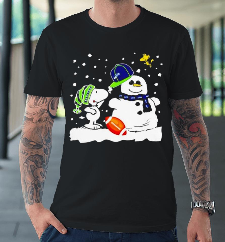Seattle Seahawks Snoopy Wearing Hat For Snowman Christmas Premium T-Shirt