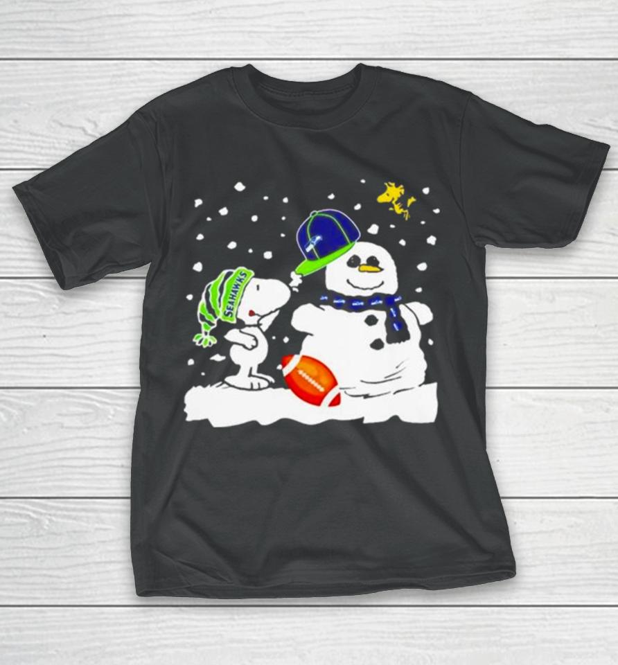 Seattle Seahawks Snoopy Wearing Hat For Snowman Christmas T-Shirt