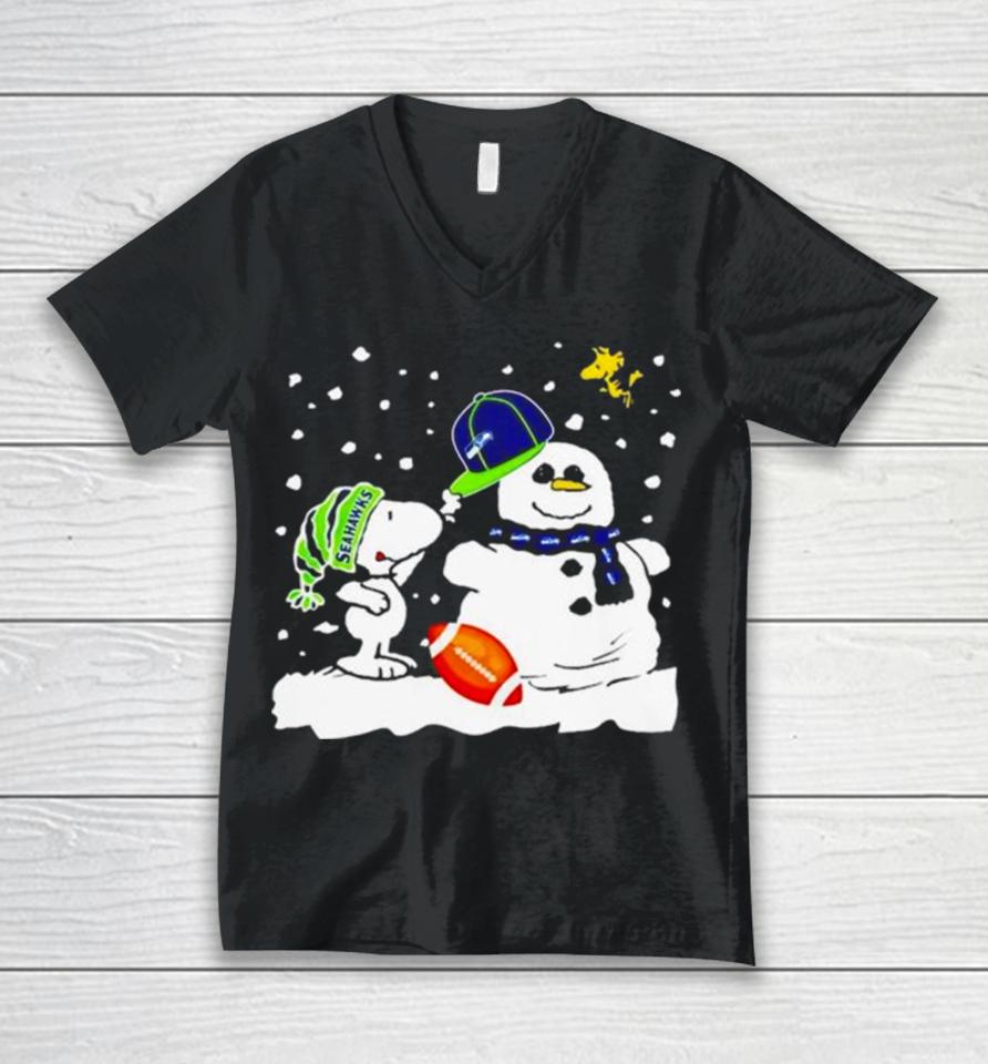 Seattle Seahawks Snoopy Wearing Hat For Snowman Christmas Unisex V-Neck T-Shirt