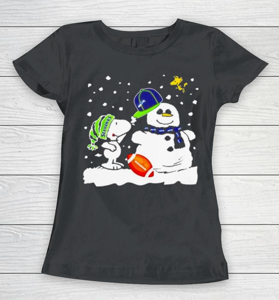 Seattle Seahawks Snoopy Wearing Hat For Snowman Christmas Women T-Shirt