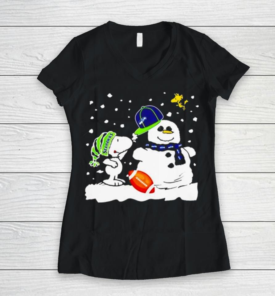Seattle Seahawks Snoopy Wearing Hat For Snowman Christmas Women V-Neck T-Shirt