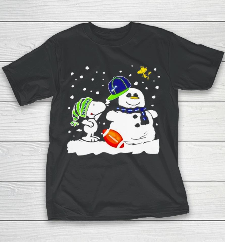 Seattle Seahawks Snoopy Wearing Hat For Snowman Christmas Youth T-Shirt
