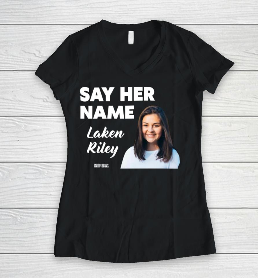 Sebastiangorka Store Say Her Name Laken Riley Women V-Neck T-Shirt