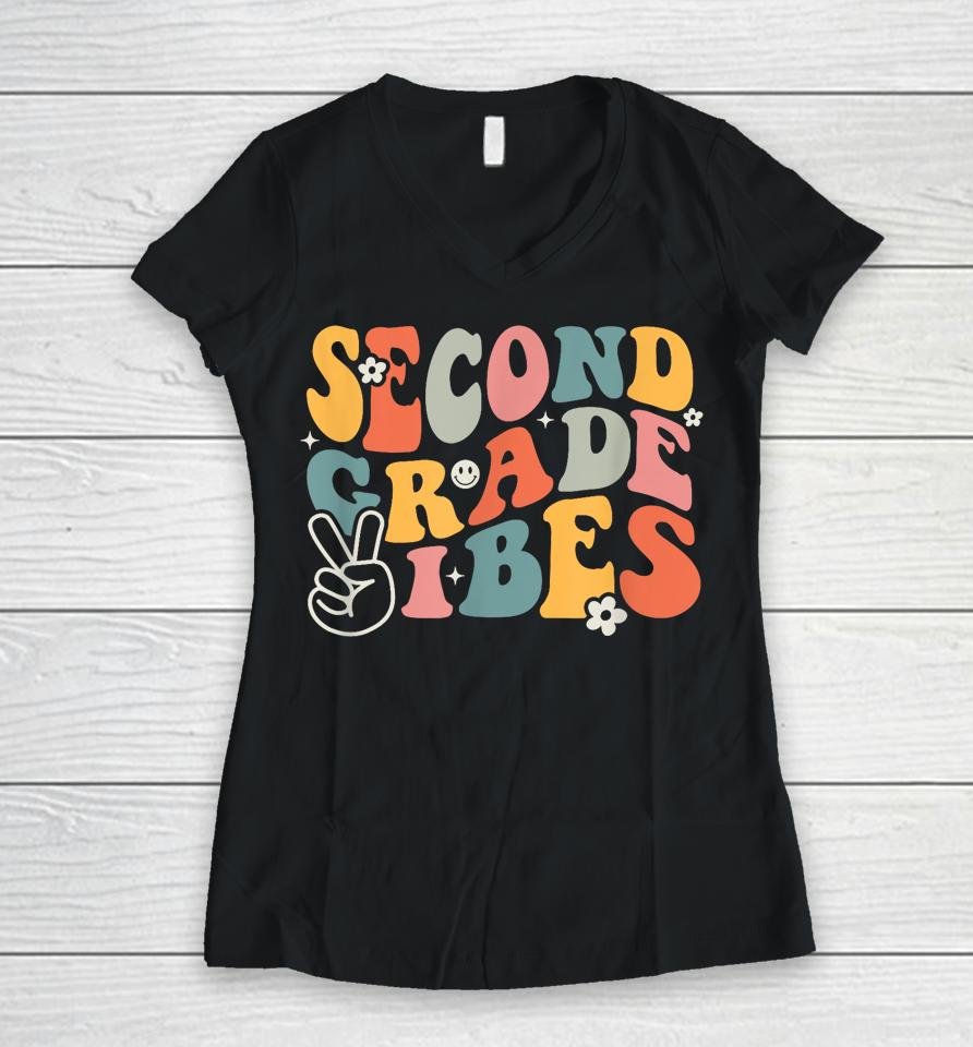 Second Grade Vibes Team 2Nd Grade Groovy Back To School Women V-Neck T-Shirt