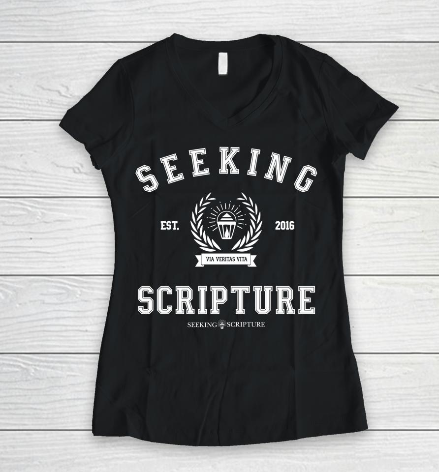 Seeking Scripture Via Veritas Vita Women V-Neck T-Shirt