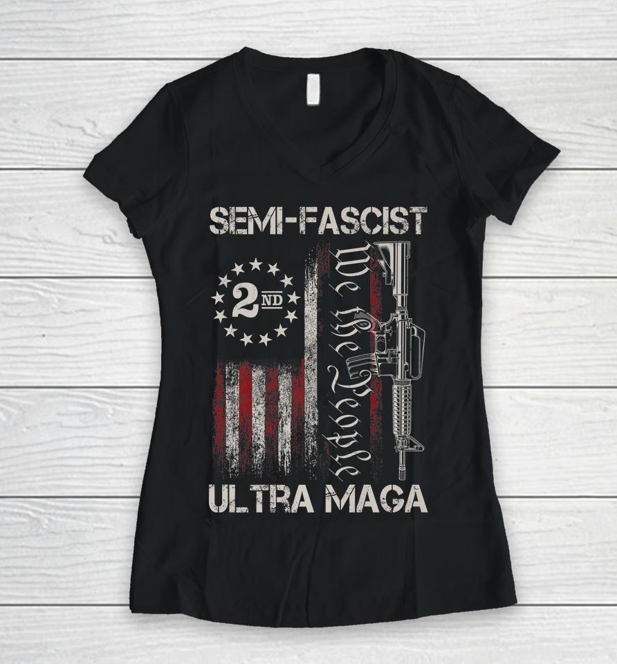 Semi-Fascist Ultra Maga Political Humor Biden Quotes Us Flag Women V-Neck T-Shirt