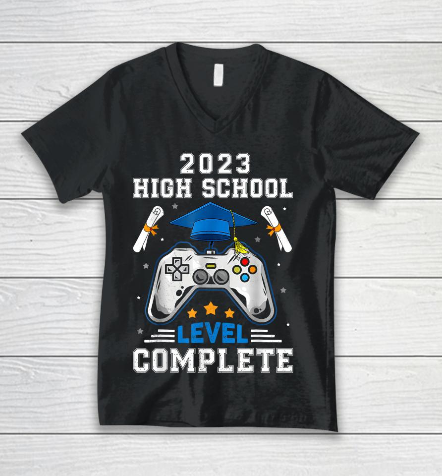 Senior Gamer 2023 High School Level Complete 2023 Grad Boys Unisex V-Neck T-Shirt