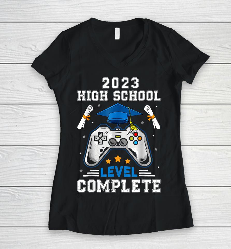 Senior Gamer 2023 High School Level Complete 2023 Grad Boys Women V-Neck T-Shirt