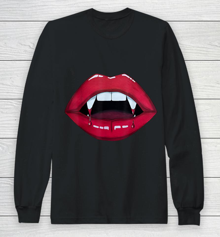 Sexy Woman Vampire Mouth Blood Fangs Teeth Bright Red Lips Long Sleeve T-Shirt