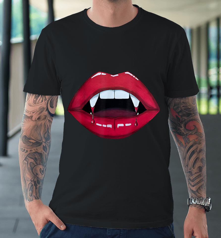 Sexy Woman Vampire Mouth Blood Fangs Teeth Bright Red Lips Premium T-Shirt