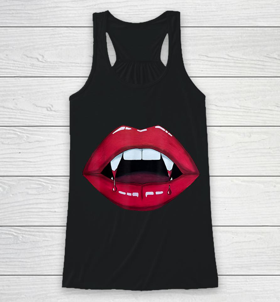 Sexy Woman Vampire Mouth Blood Fangs Teeth Bright Red Lips Racerback Tank