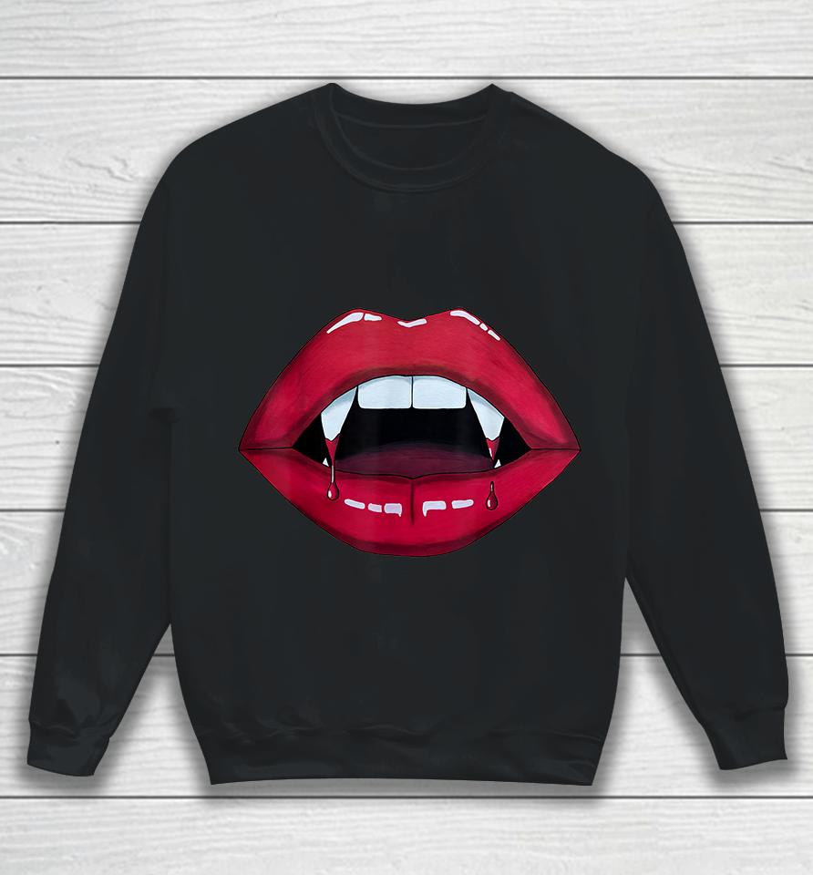 Sexy Woman Vampire Mouth Blood Fangs Teeth Bright Red Lips Sweatshirt