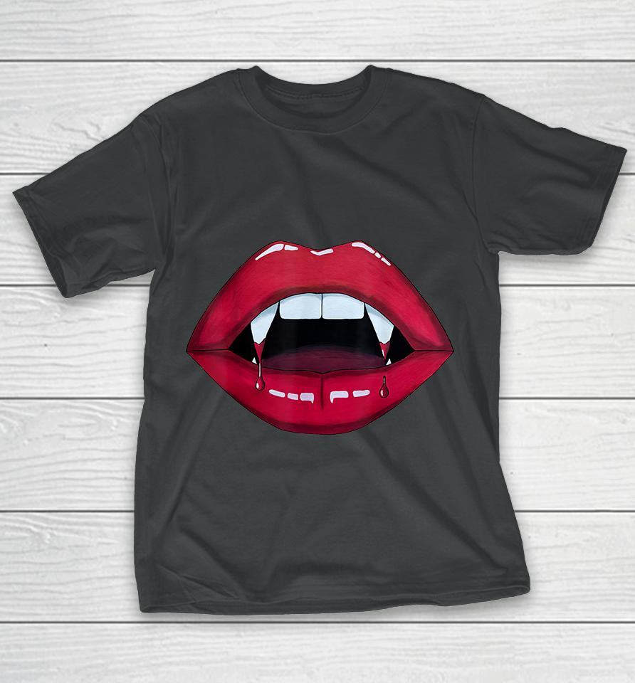 Sexy Woman Vampire Mouth Blood Fangs Teeth Bright Red Lips T-Shirt