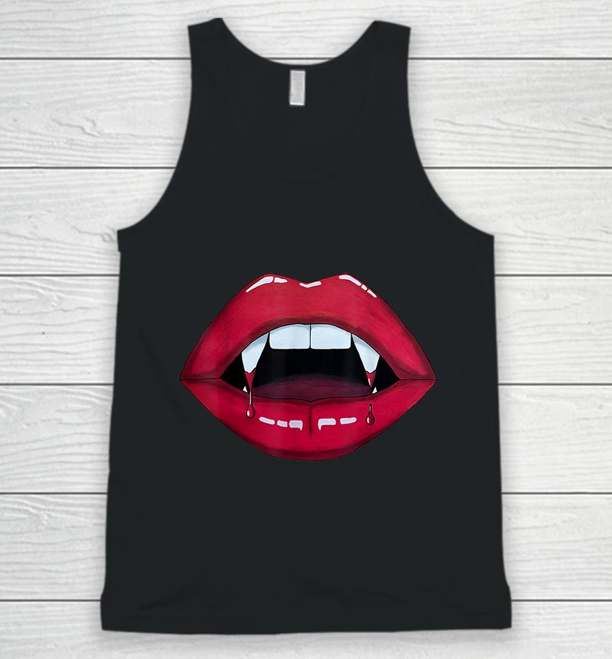 Sexy Woman Vampire Mouth Blood Fangs Teeth Bright Red Lips Unisex Tank Top