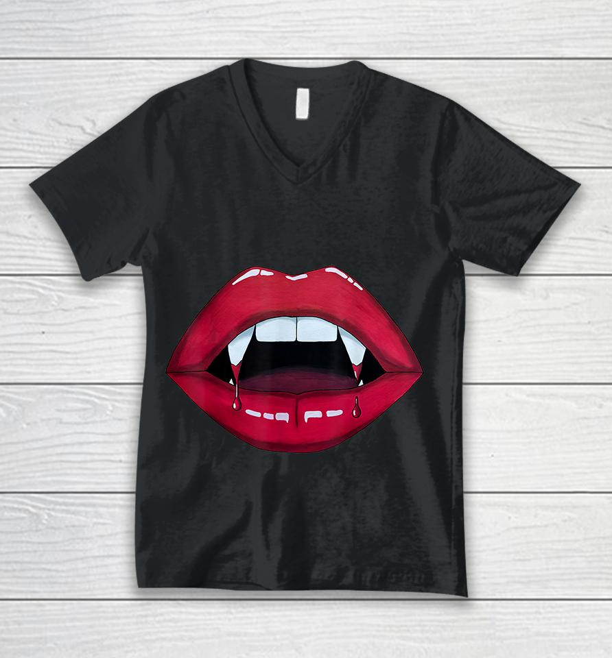 Sexy Woman Vampire Mouth Blood Fangs Teeth Bright Red Lips Unisex V-Neck T-Shirt