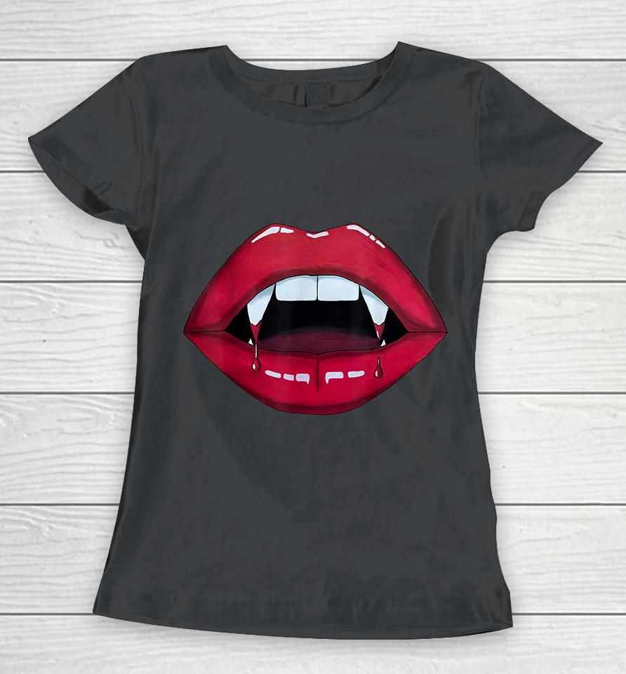 Sexy Woman Vampire Mouth Blood Fangs Teeth Bright Red Lips Women T-Shirt