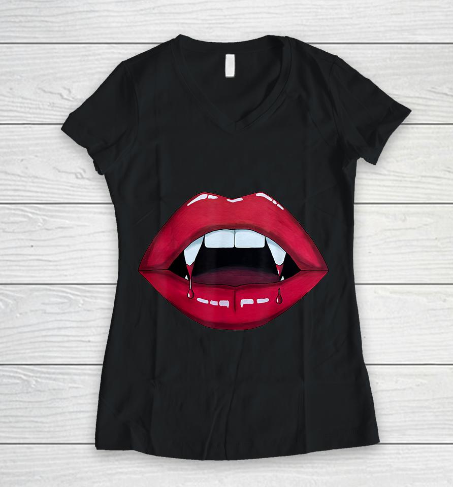 Sexy Woman Vampire Mouth Blood Fangs Teeth Bright Red Lips Women V-Neck T-Shirt