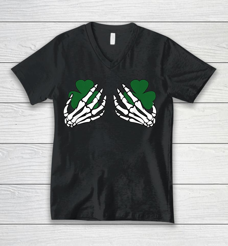 Shamrock Boobs Funny St Patrick's Day Skeleton Hands Unisex V-Neck T-Shirt