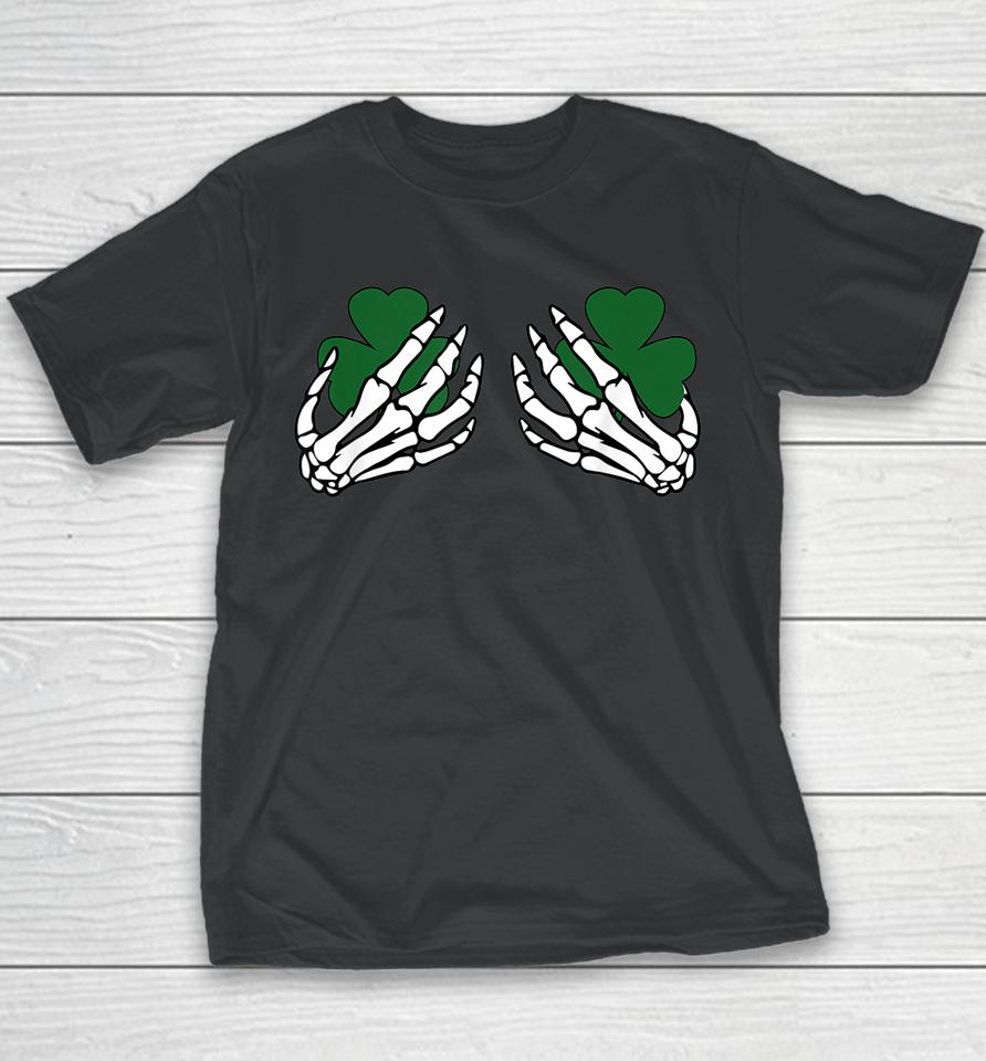 Shamrock Boobs Funny St Patrick's Day Skeleton Hands Youth T-Shirt