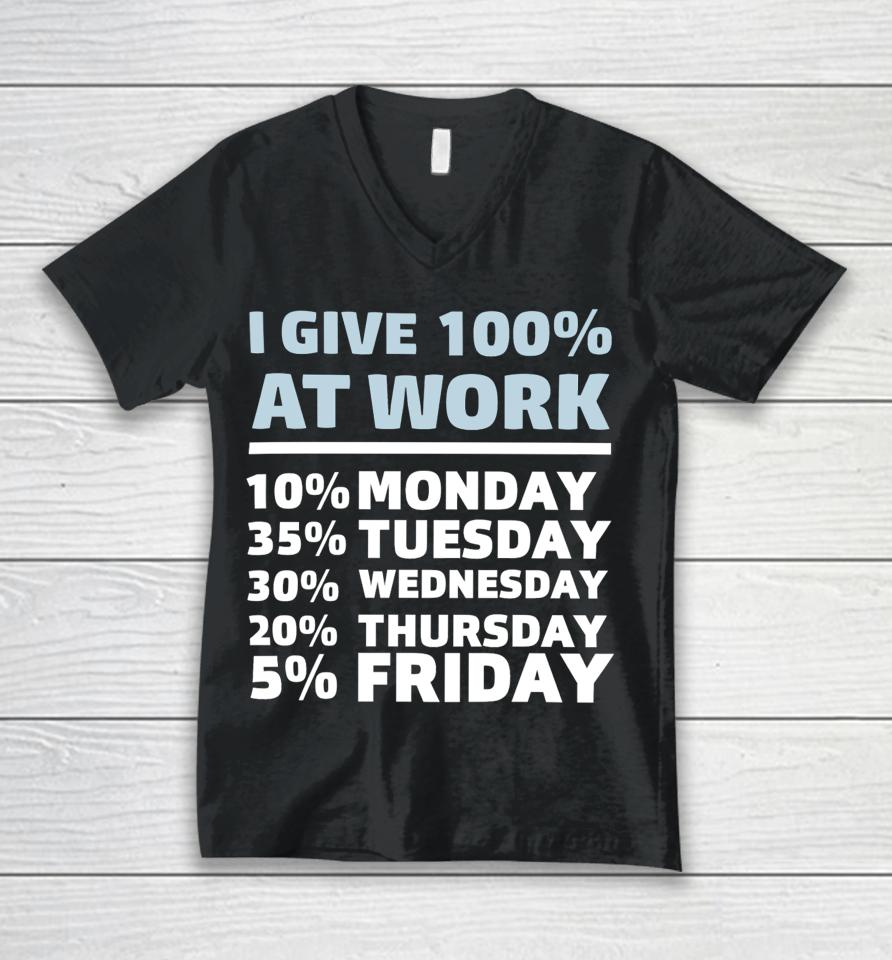 Shannon Sharpe I Give 100% At Work 10% Monday 35% Tuesday 30 % Wednesday 20% Thursday 5% Friday Unisex V-Neck T-Shirt