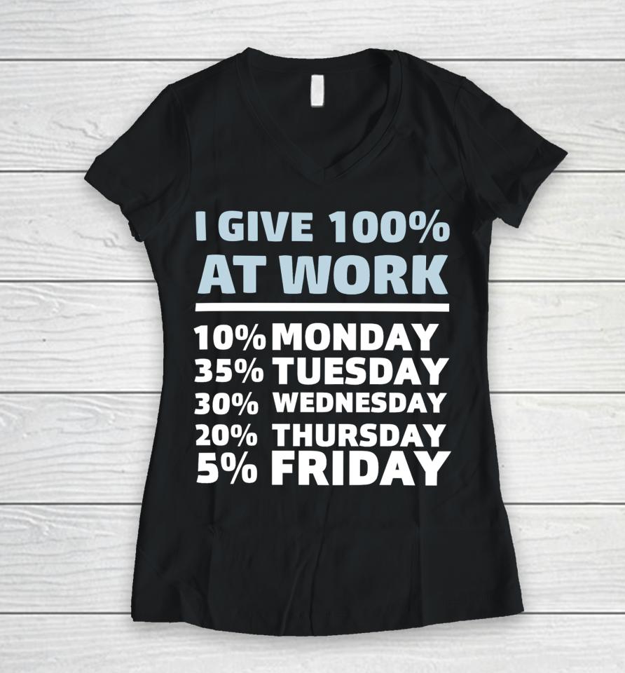 Shannon Sharpe I Give 100% At Work 10% Monday 35% Tuesday 30 % Wednesday 20% Thursday 5% Friday Women V-Neck T-Shirt
