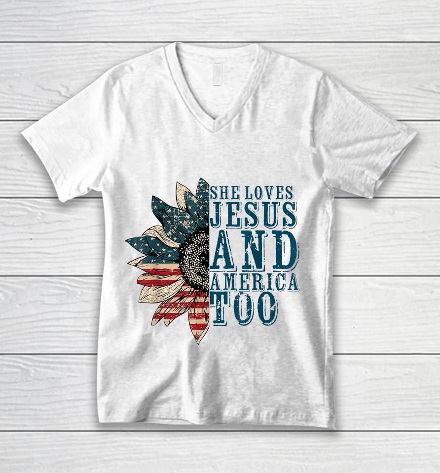 She Loves Jesus And America Too Unisex V-Neck T-Shirt